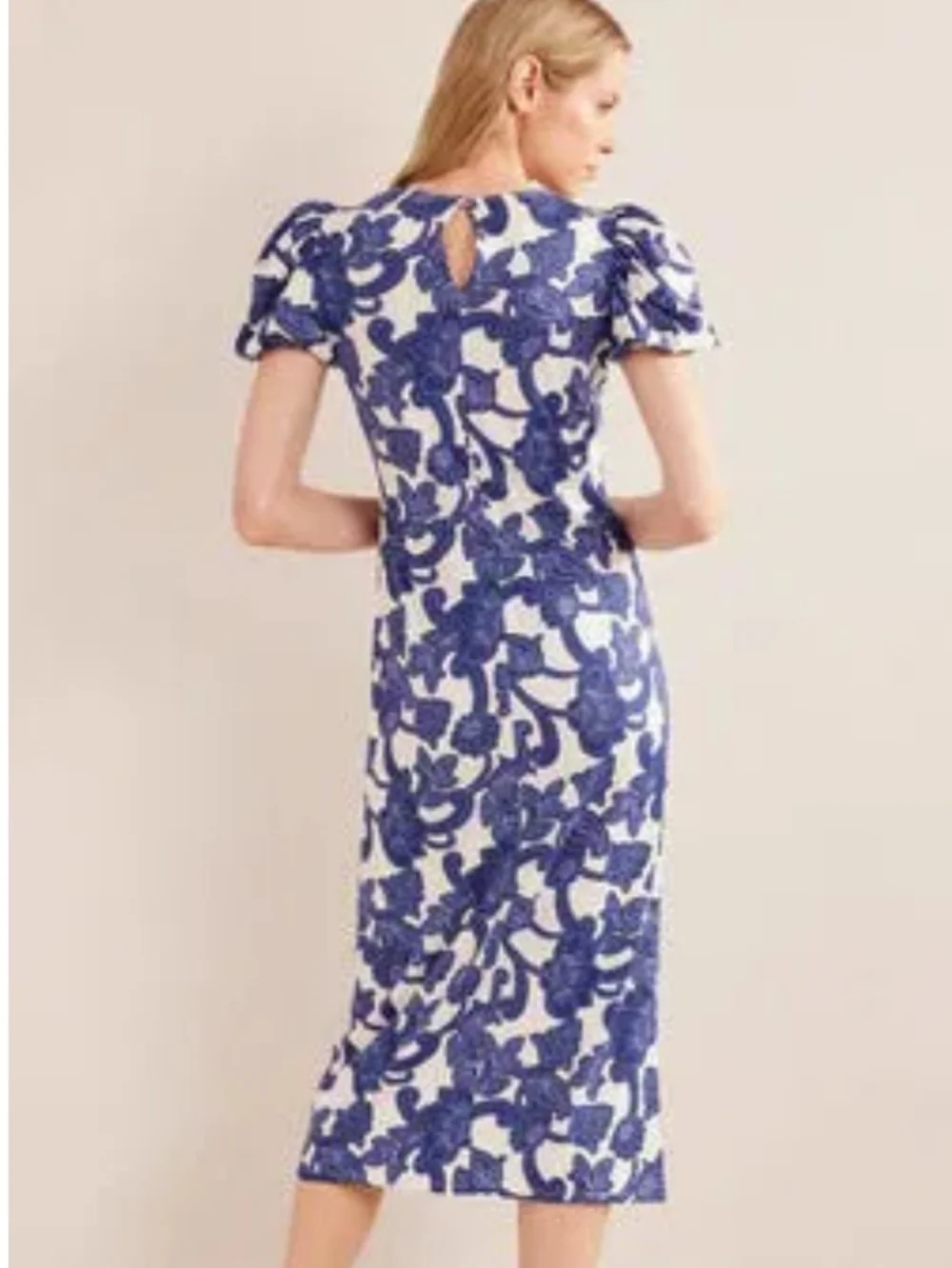 Boden Puff Sleeve Blue Floral Jersey Midi Dress Size 8R EUC - Picture 2 of 12